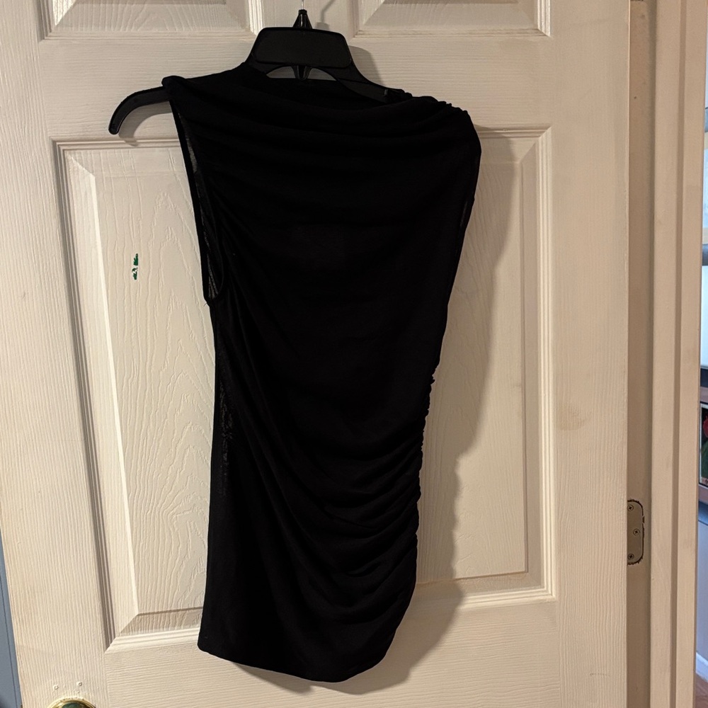 Unique Zara Black Asymmetrical Sleeve with Ruching Mesh Top M
